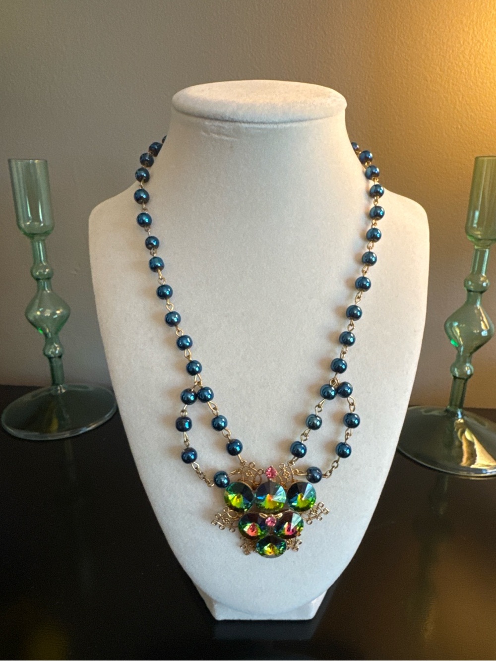Vintage Vitrail Rivoli Crystal Statement Necklace Blue Bead Gold Tone